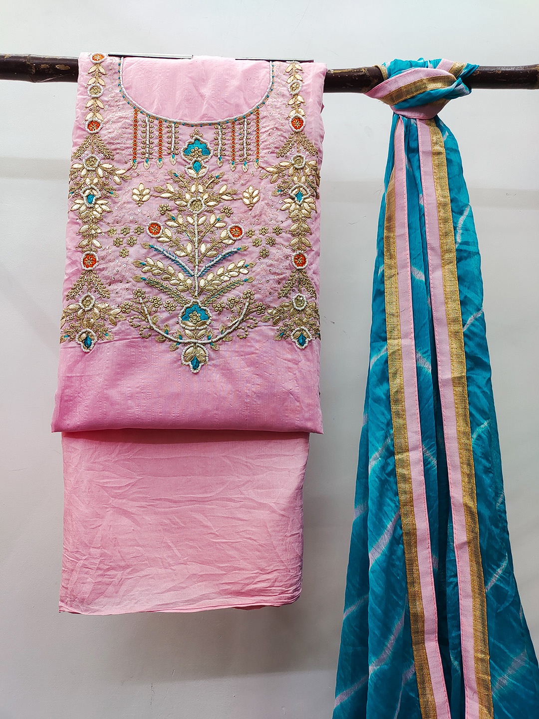 

KALINI Floral Embroidered Sequinned Unstitched Dress Material, Pink
