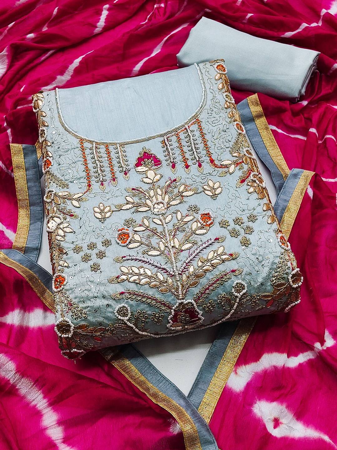 

KALINI Embroidered & Embellished Unstitched Dress Material, Blue