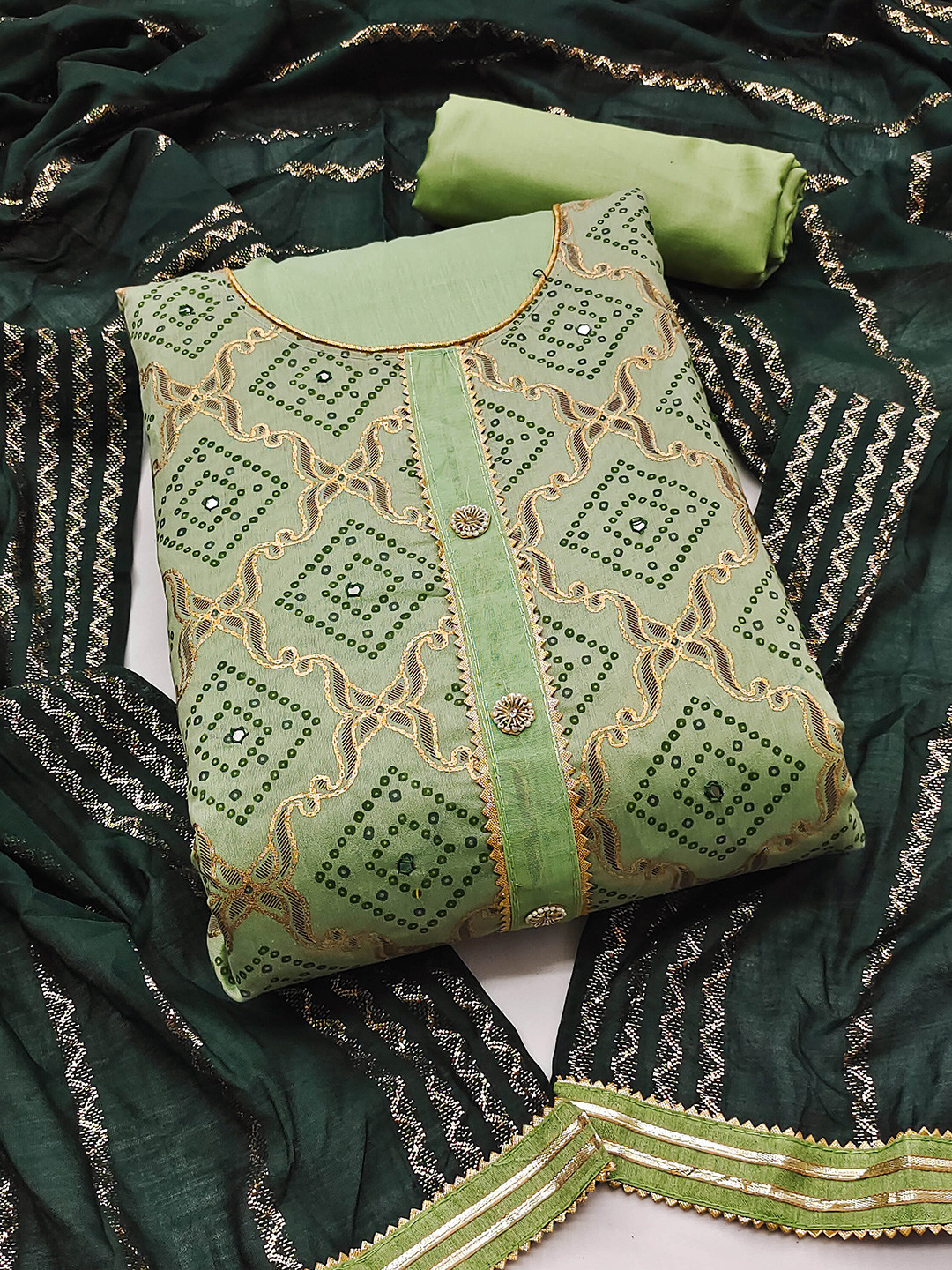 

KALINI Bandhani Printed Gotta Patti Unstitched Dress Material, Green