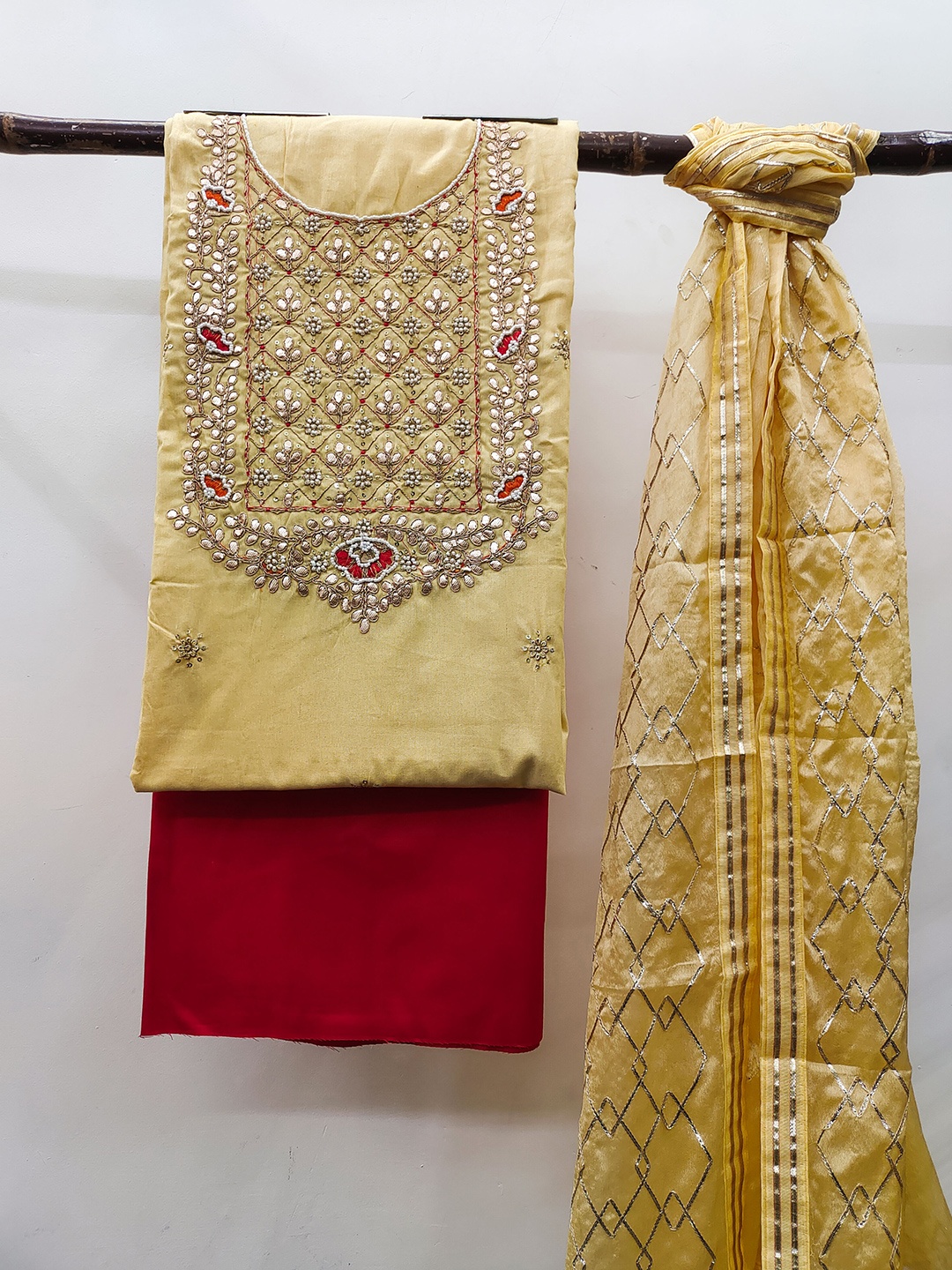 

KALINI Embellished Gotta Patti Unstitched Dress Material, Yellow