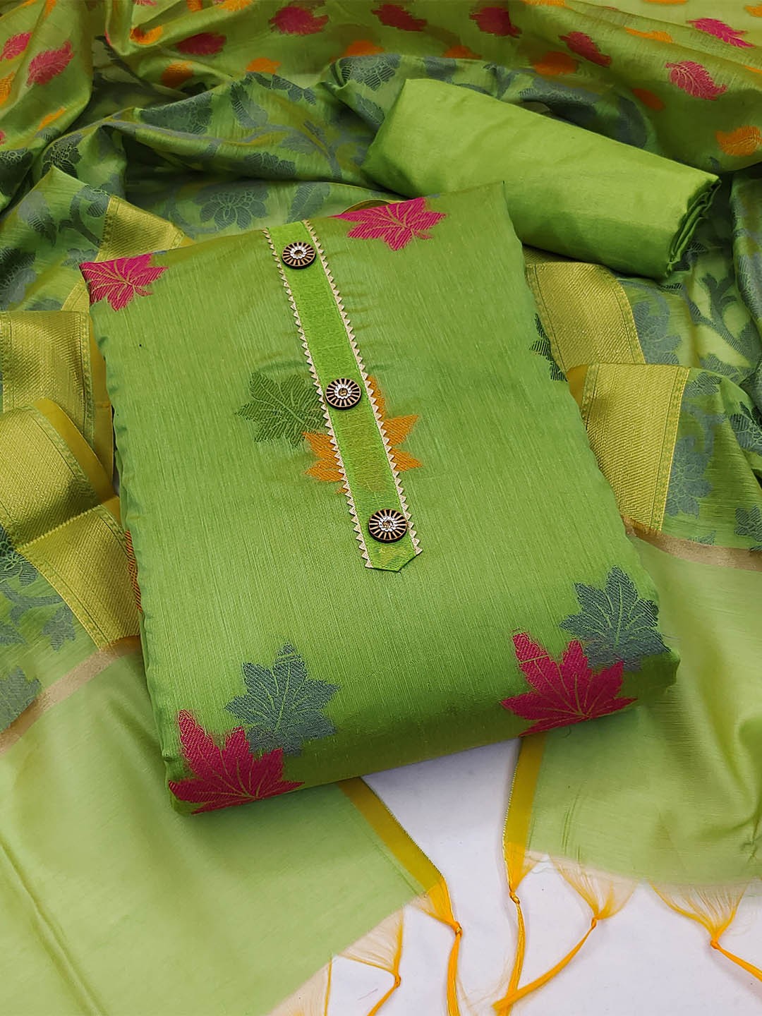 

KALINI Woven Design Unstitched Dress Material, Green