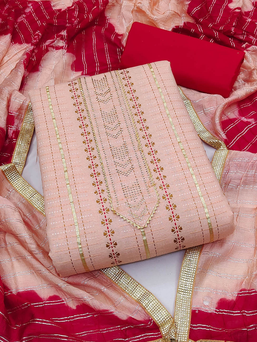 

KALINI Embellished Unstitched Dress Material, Peach