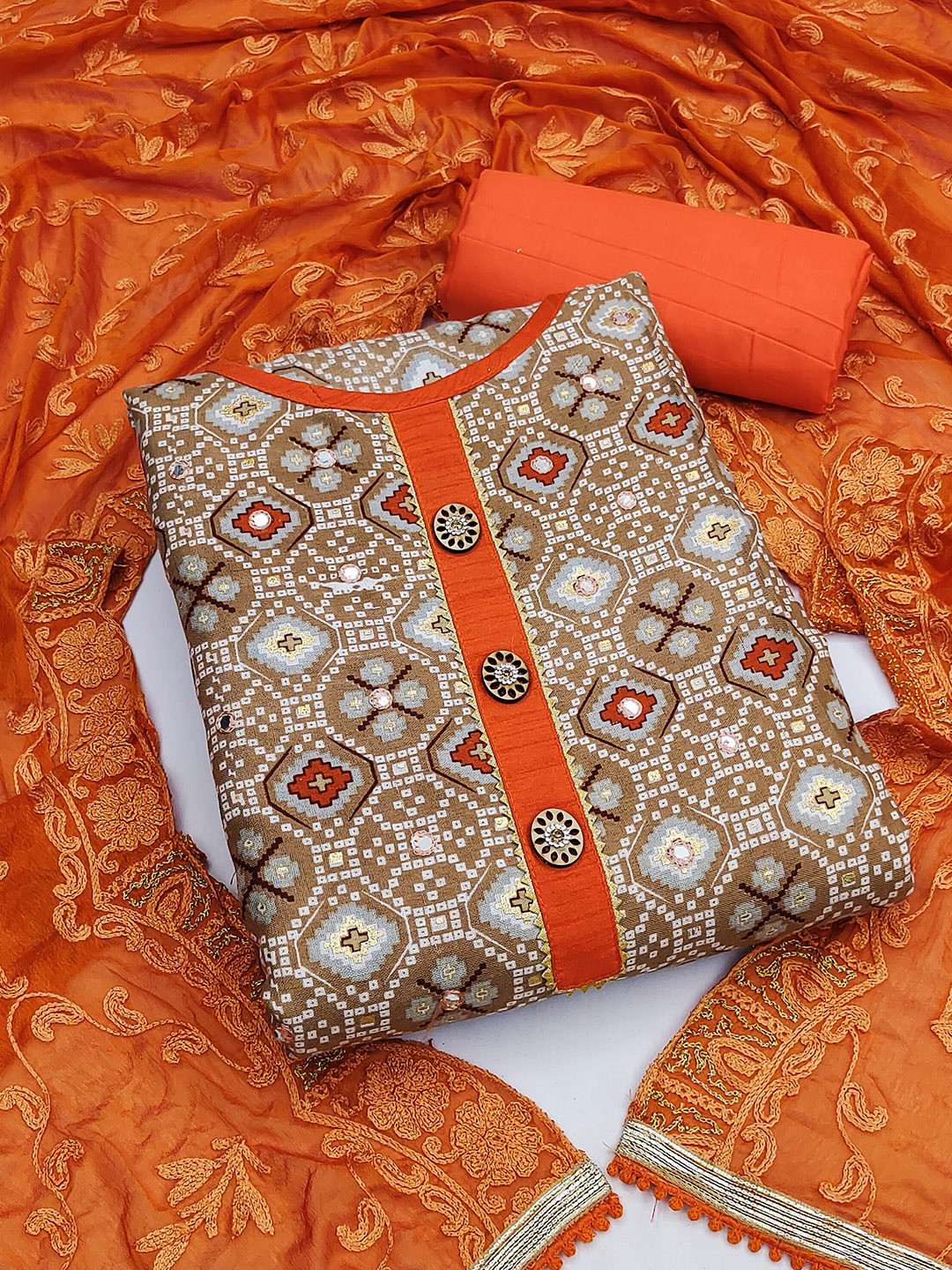 

KALINI Bandani Printed Mirror Work Unstitched Dress Material, Beige
