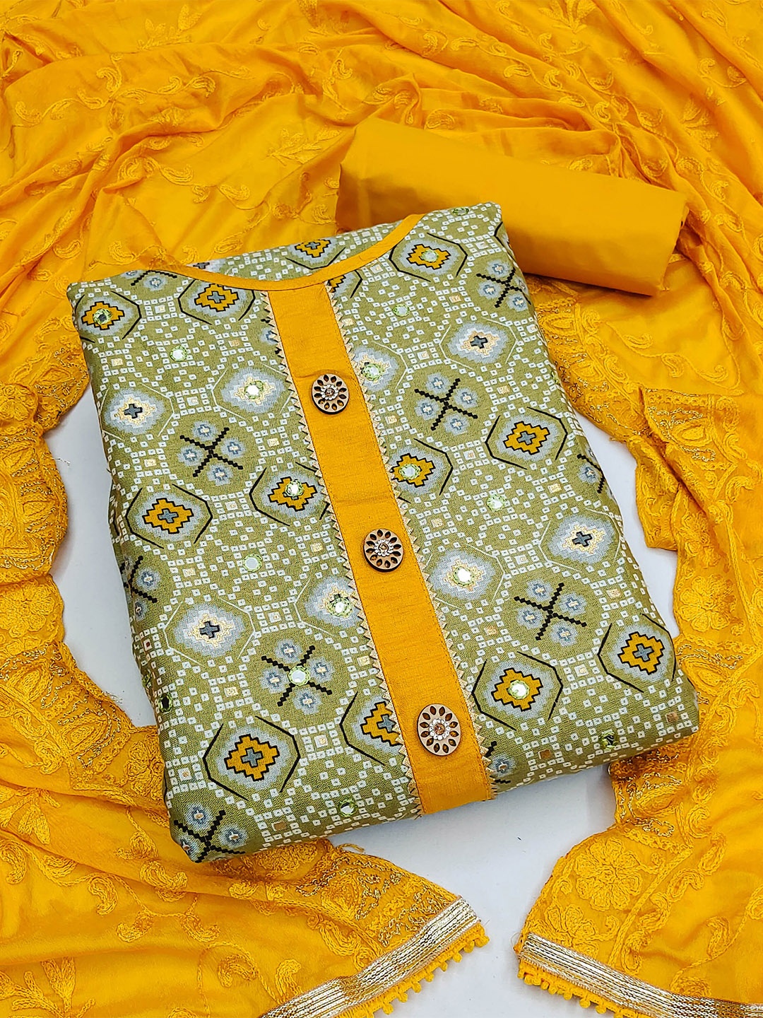 

KALINI Bandhani Printed Unstitched Dress Material, Olive