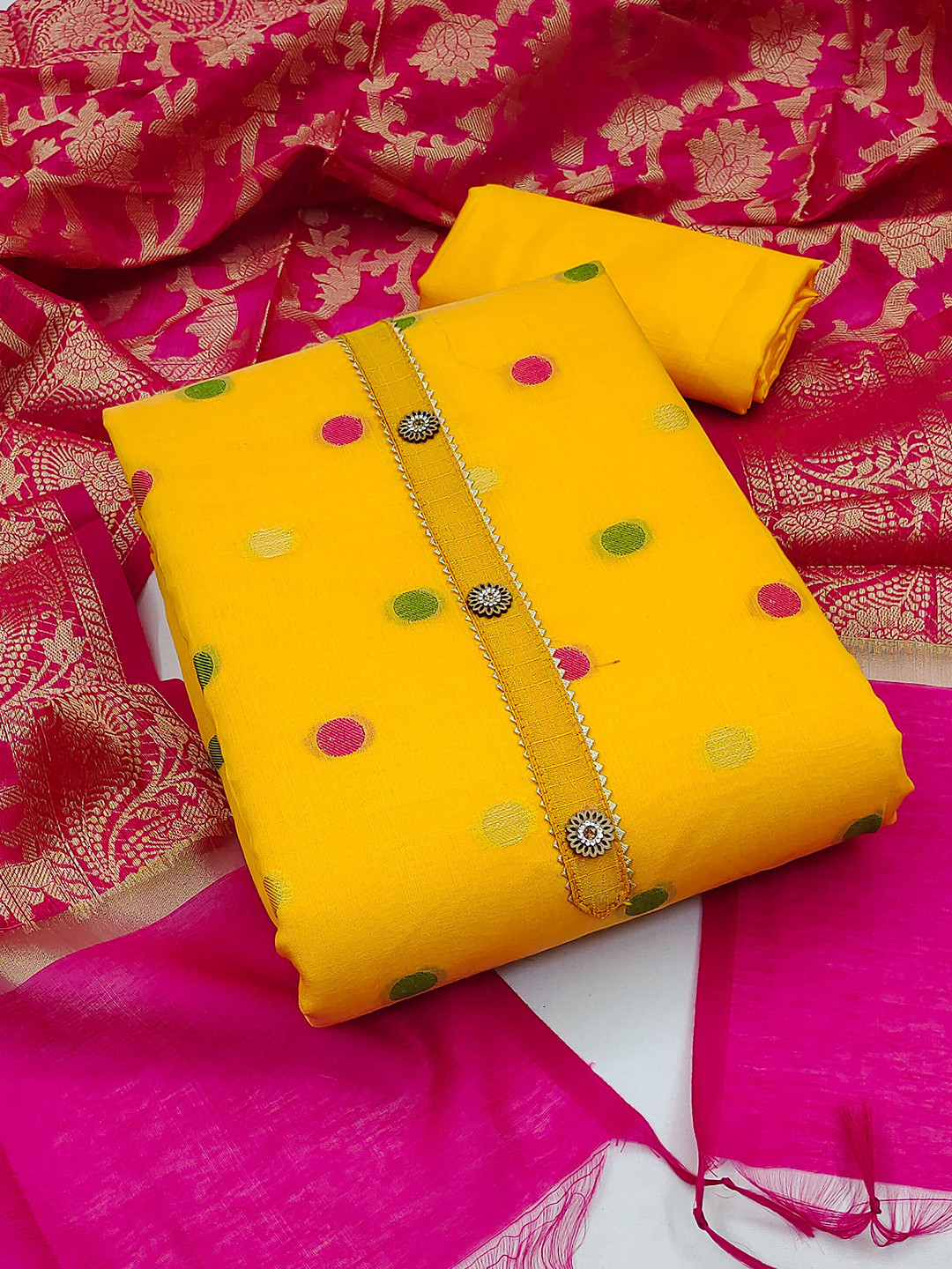 

KALINI Woven Design Banarasi Jacquard Unstitched Dress Material, Yellow