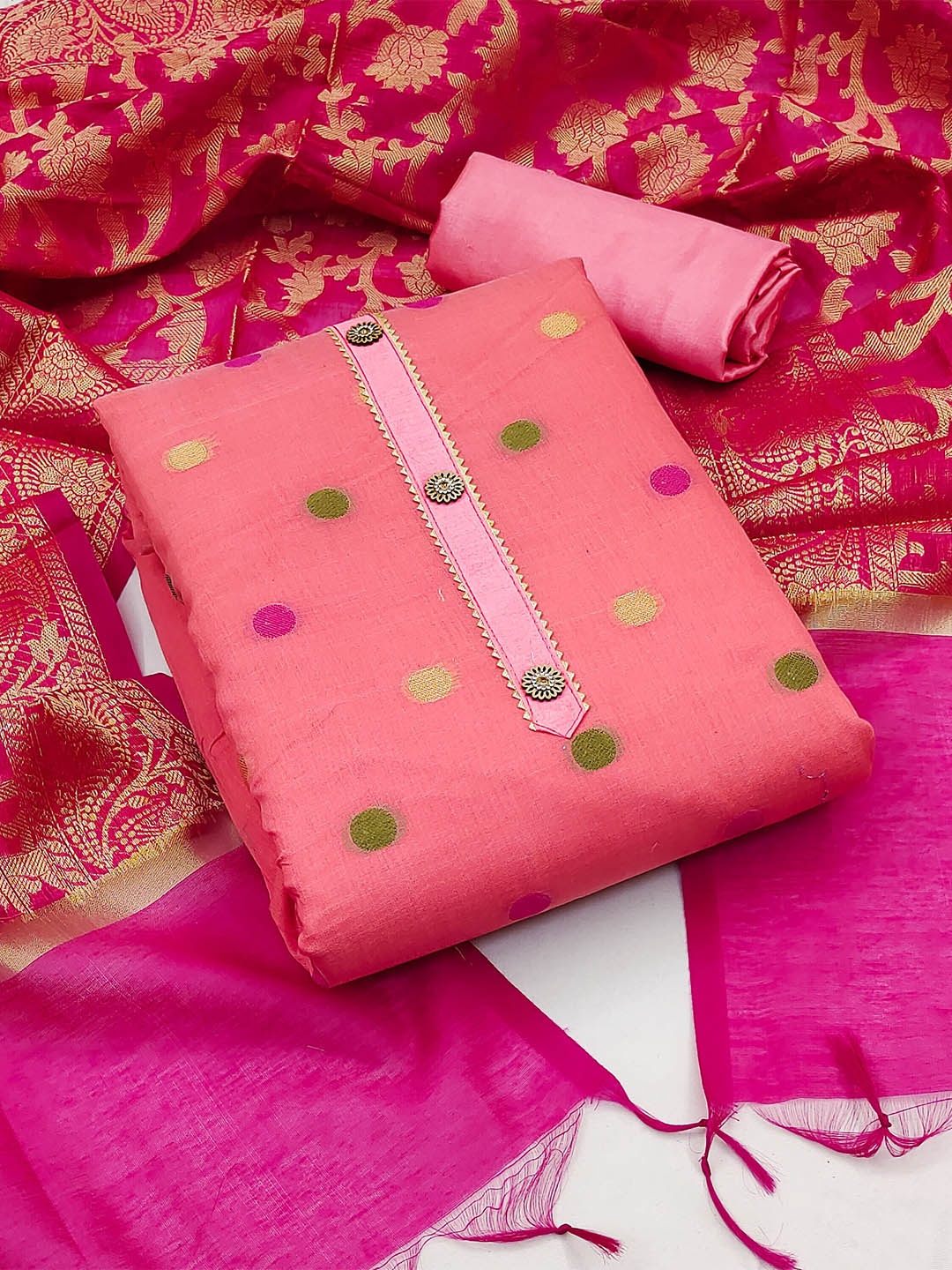 

KALINI Woven Design Unstitched Dress Material, Peach