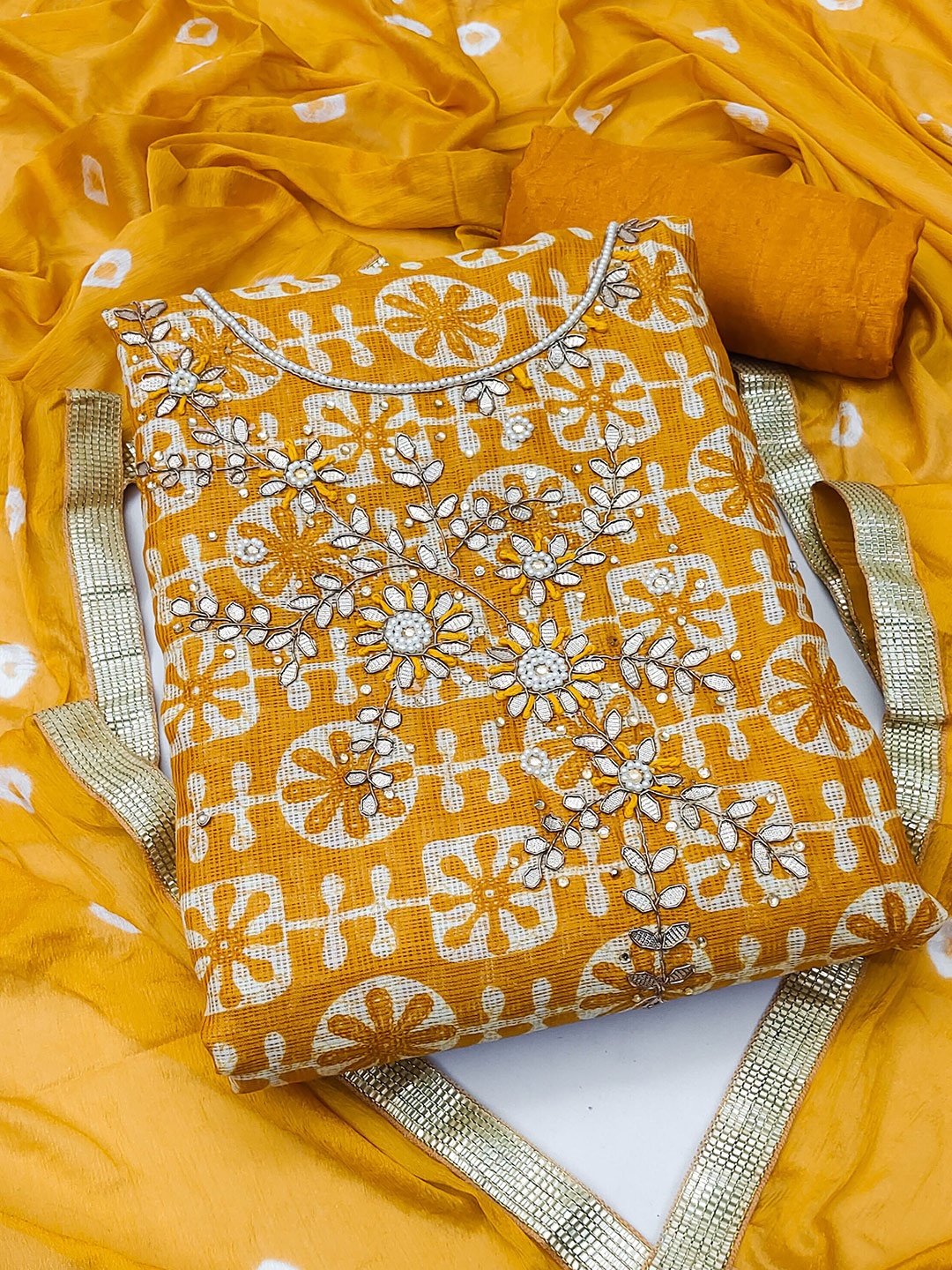 

KALINI Printed Beads & Stones Unstitched Dress Material, Mustard