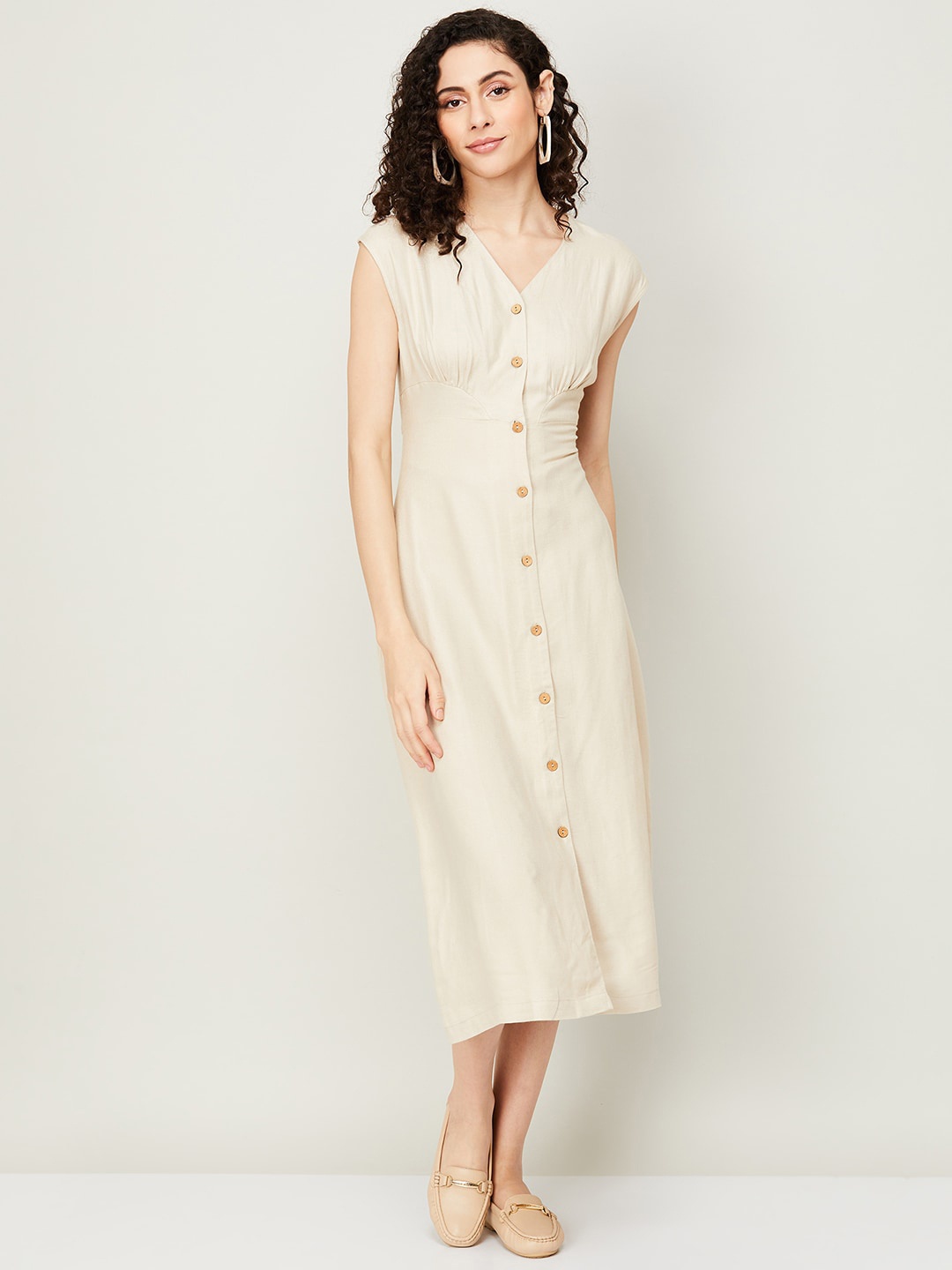

CODE by Lifestyle V-Neck Shirt Midi Dress, Beige