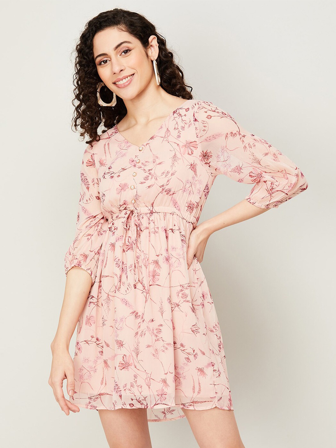 

CODE by Lifestyle Floral Print Puff Sleeve Fit & Flare Dress, Peach