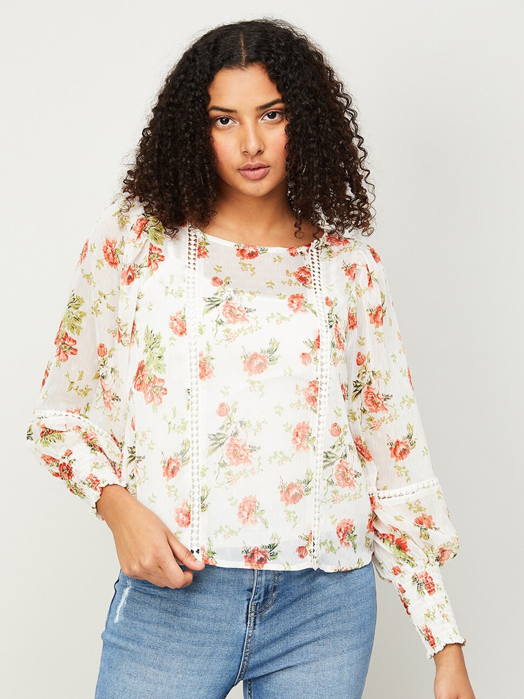 

Fame Forever by Lifestyle Floral Printed Smocked A-Line Top, White
