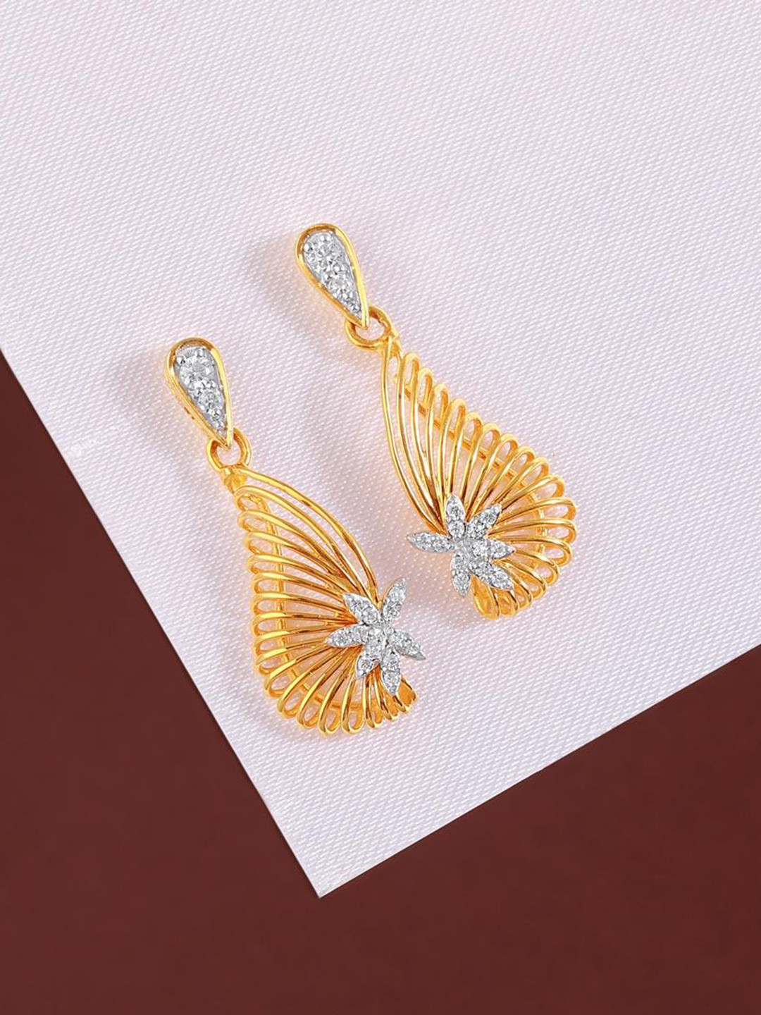 

CANDERE A KALYAN JEWELLERS COMPANY 14KT Gold Cubic Zirconia-Studded Drop Earrings- 3.66 gm