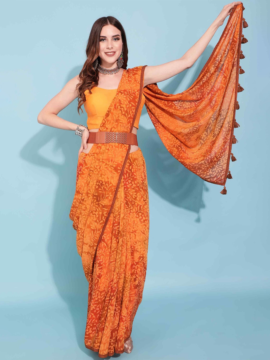 

elora Batic Printed Liva Silk Saree, Orange