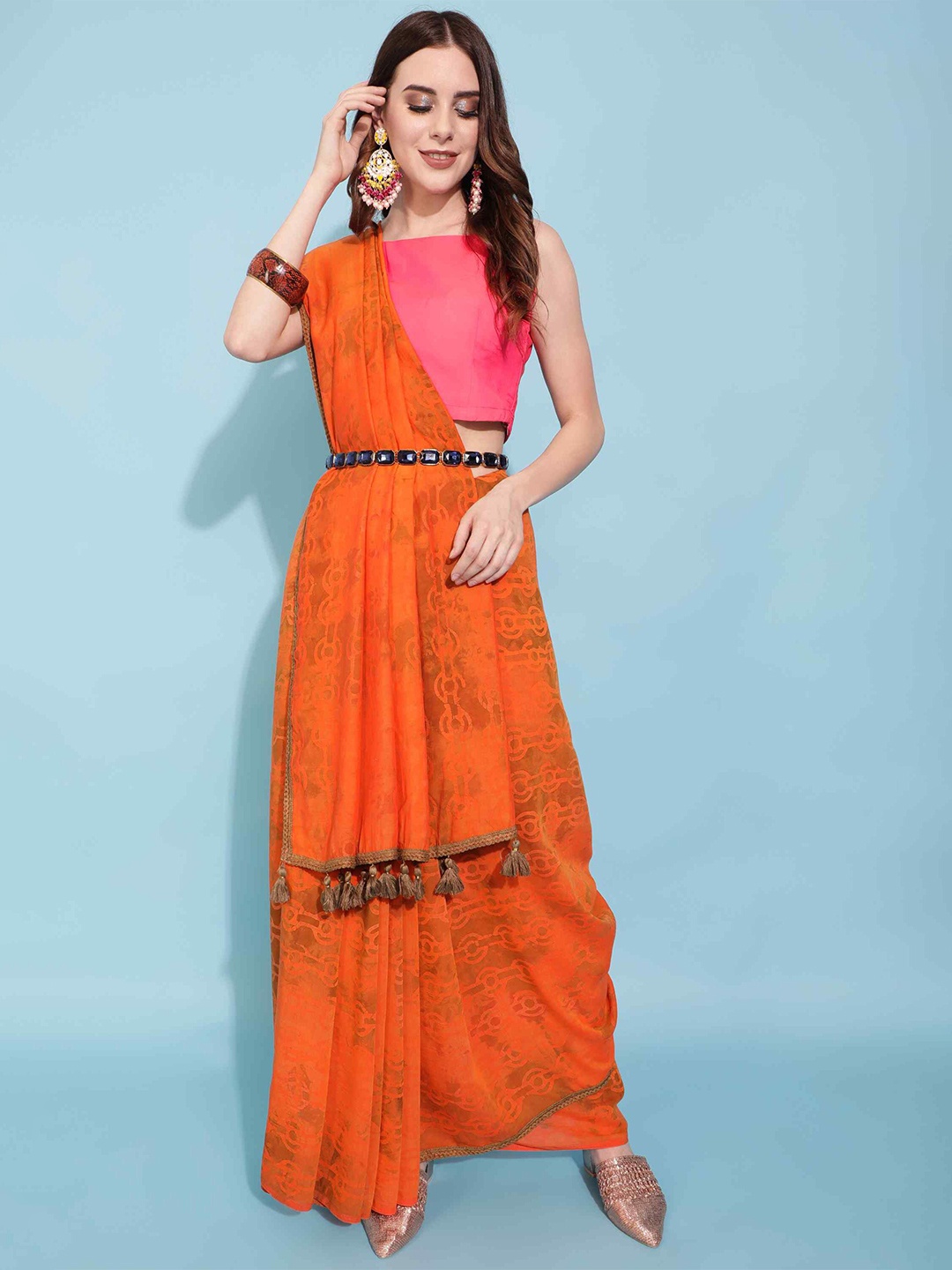 

elora Batic Printed Liva Silk Saree, Orange