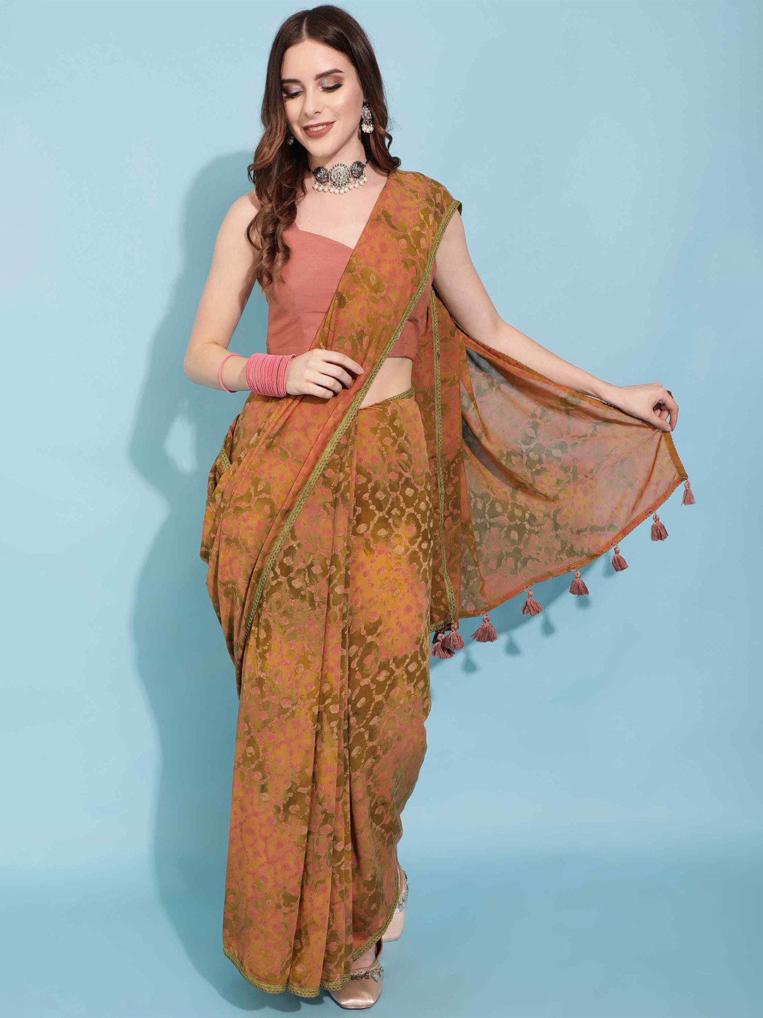 

elora Batik Printed Embroidered Liva Saree, Brown