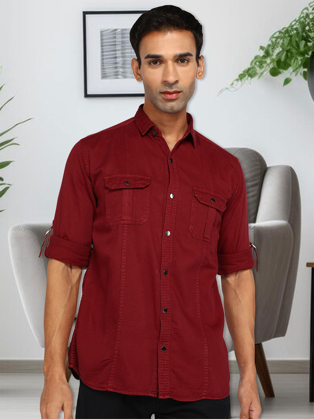 

Kuons Avenue Spread Collar Slim Fit Denim Casual Shirt, Red