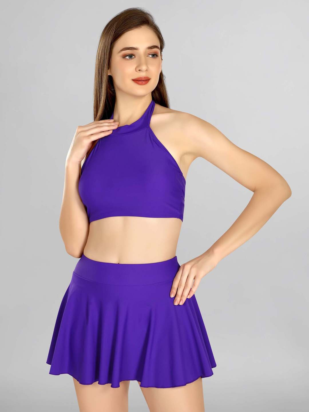 

Addery Halter Neck Top With Skirt Swim Set, Purple