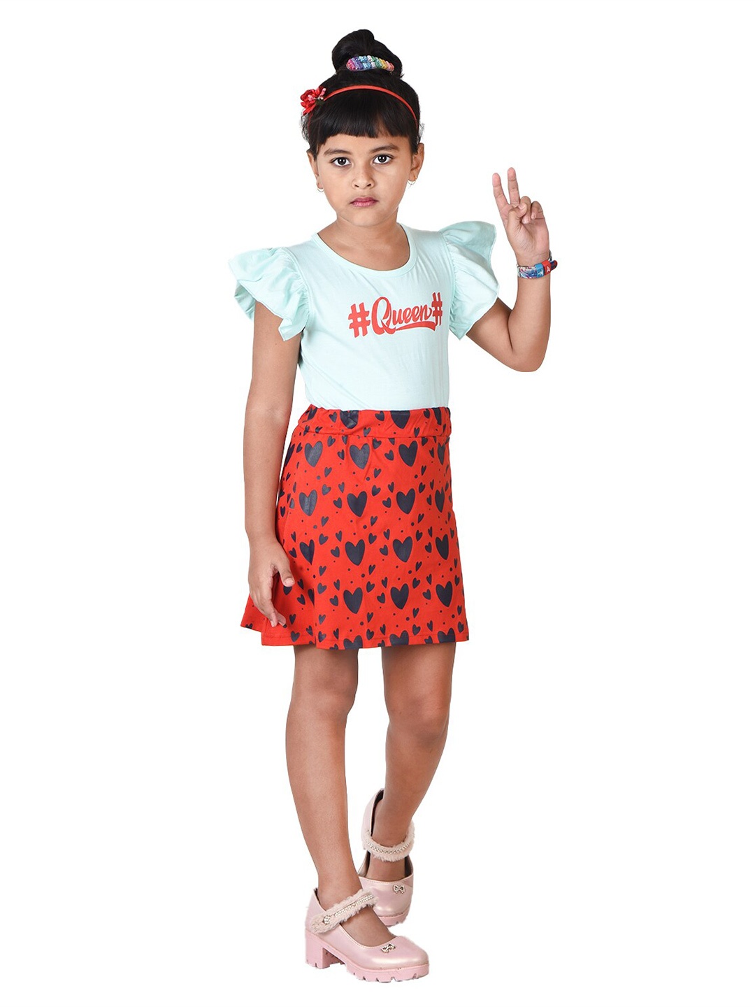 

POMY & JINNY Girls Printed Pure Cotton Top With Skirt Set, Turquoise blue