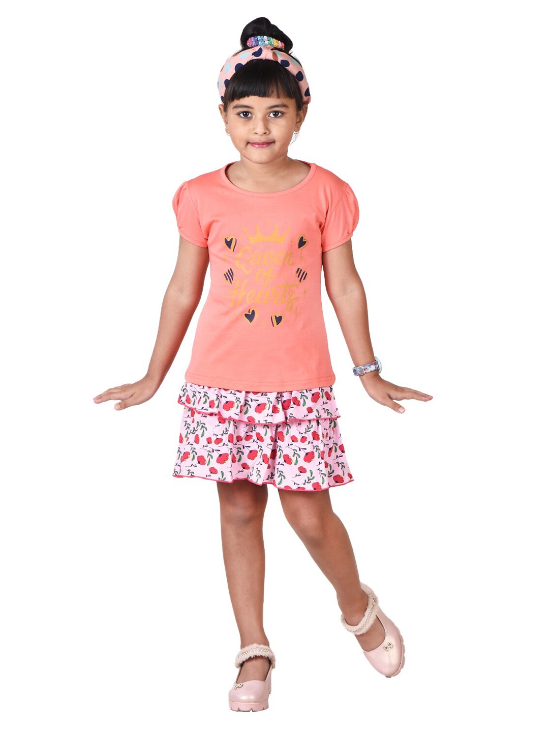

POMY & JINNY Girls Printed Pure Cotton Top With Skirt Set, Orange