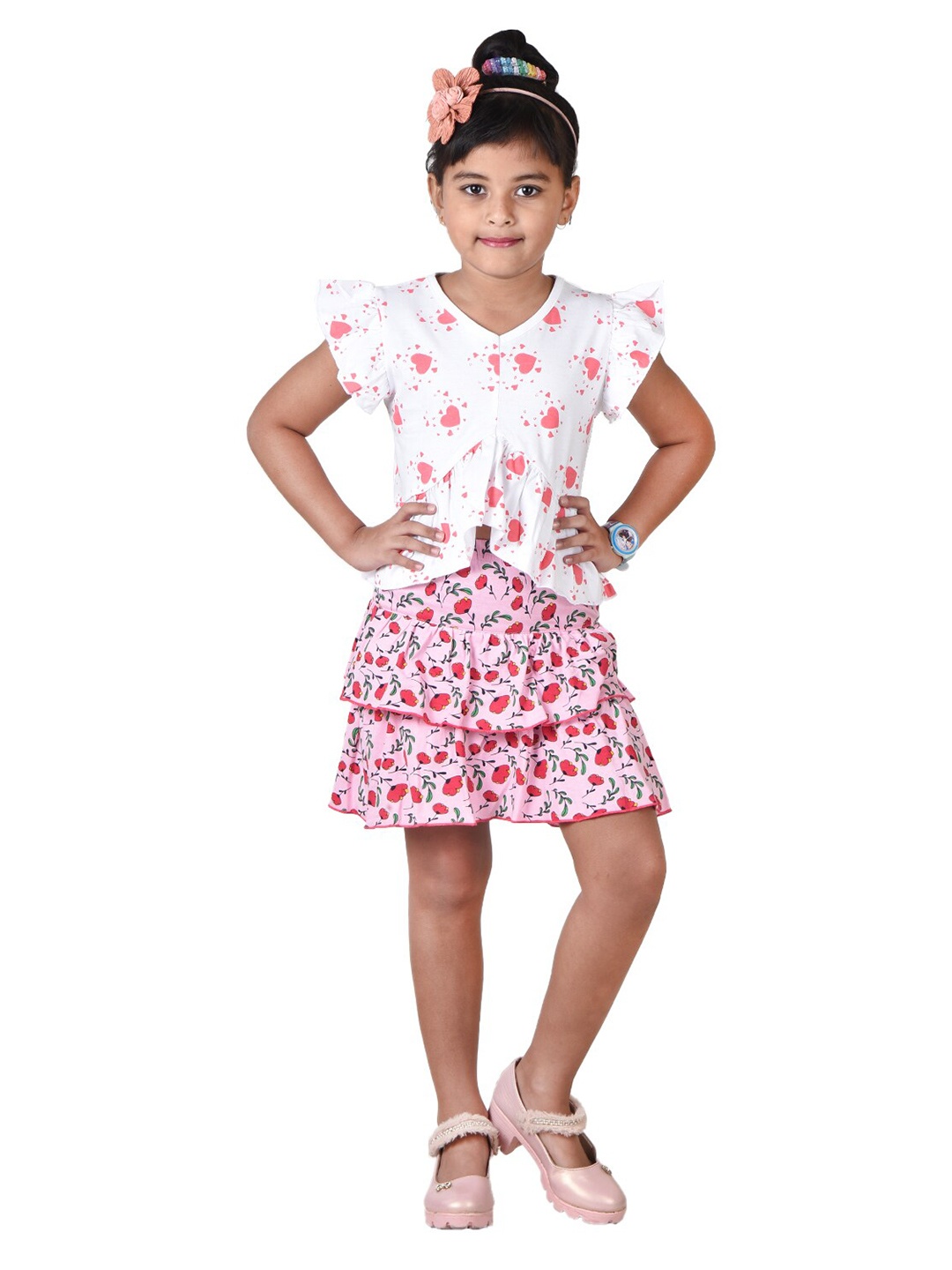 

POMY & JINNY Girls Cotton Printed Top with Skirt, White