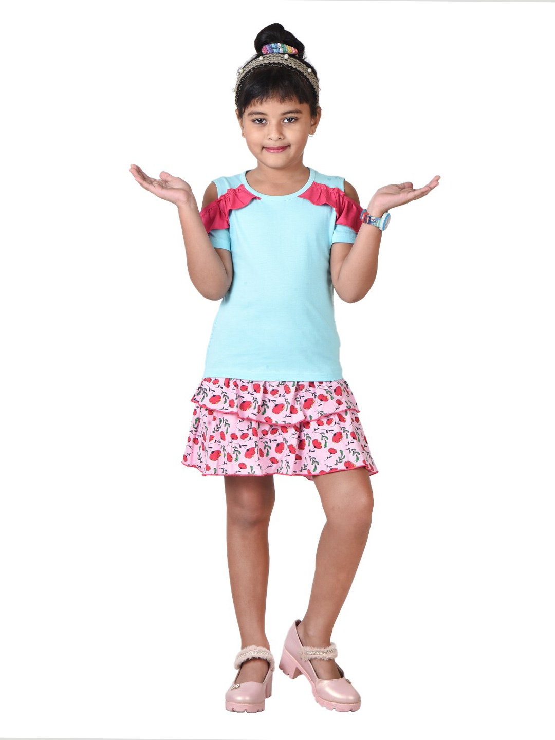 

POMY & JINNY Girls Printed Pure Cotton Top With Skirt Set, Turquoise blue