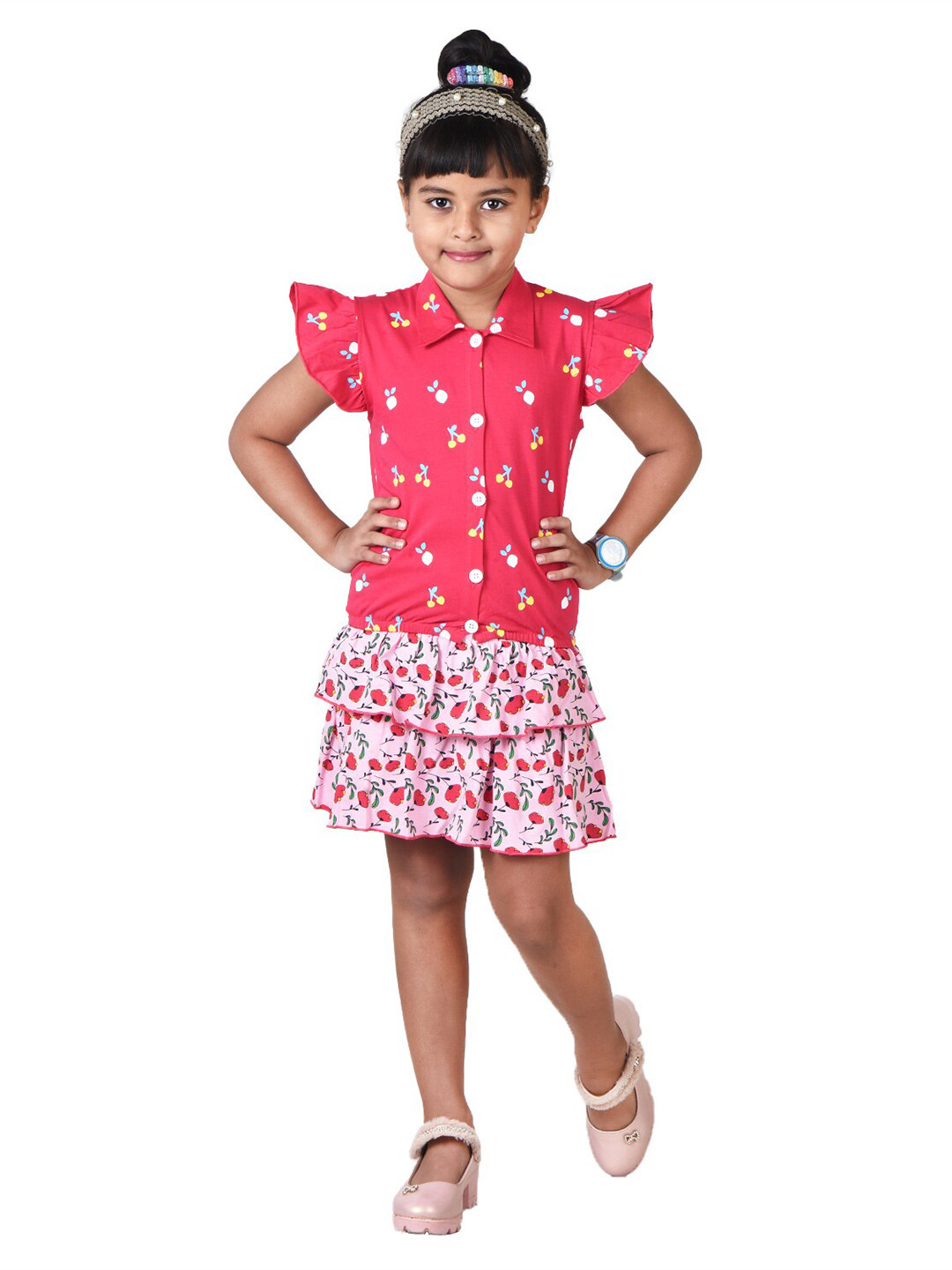

POMY & JINNY Girls Printed Pure Cotton Top With Skirt Set, Pink