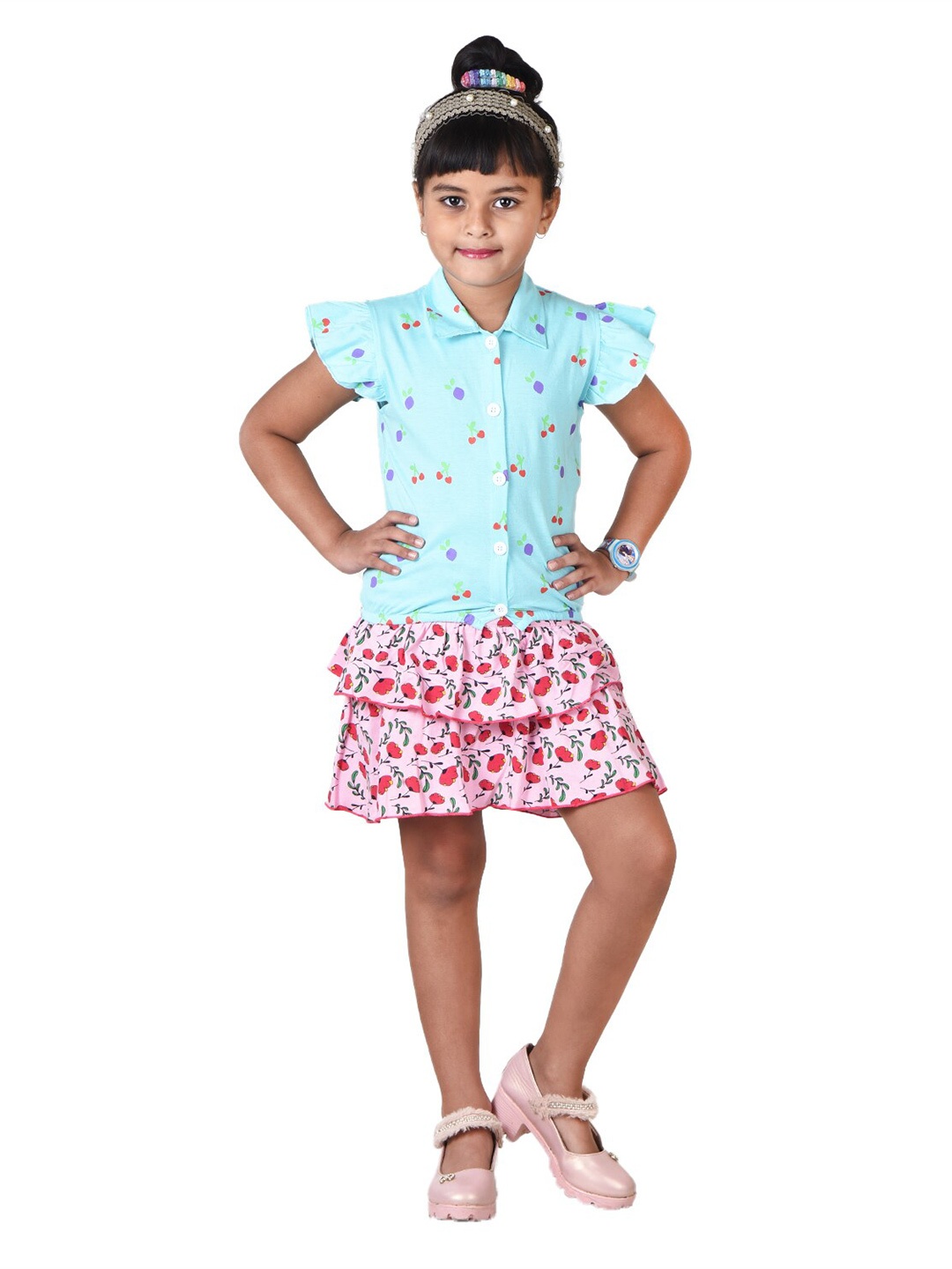 

POMY & JINNY Girls Printed Pure Cotton Shirt With Skirt Set, Turquoise blue