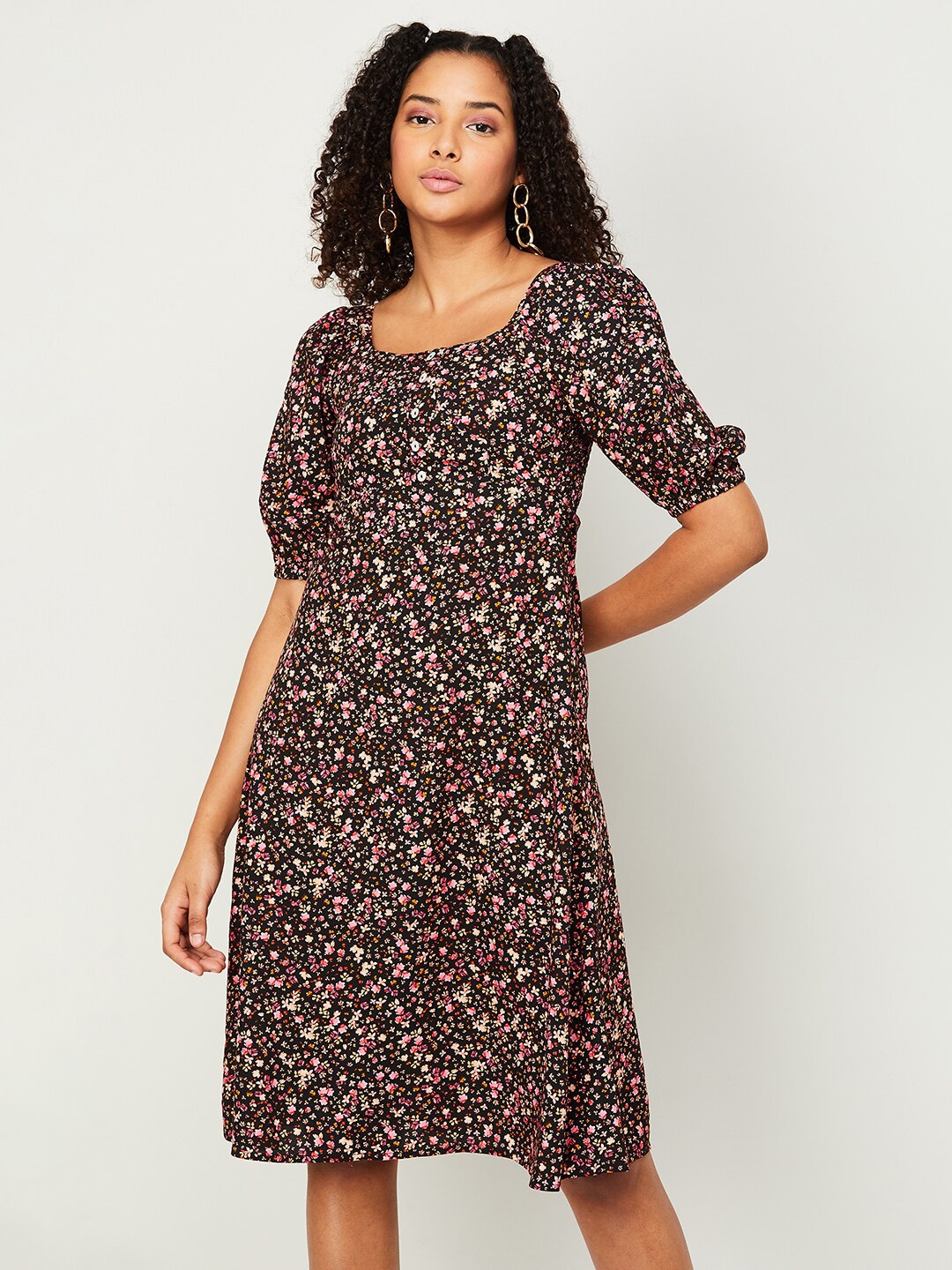 

Ginger by Lifestyle Floral Print Puff Sleeve A-Line Dress, Black