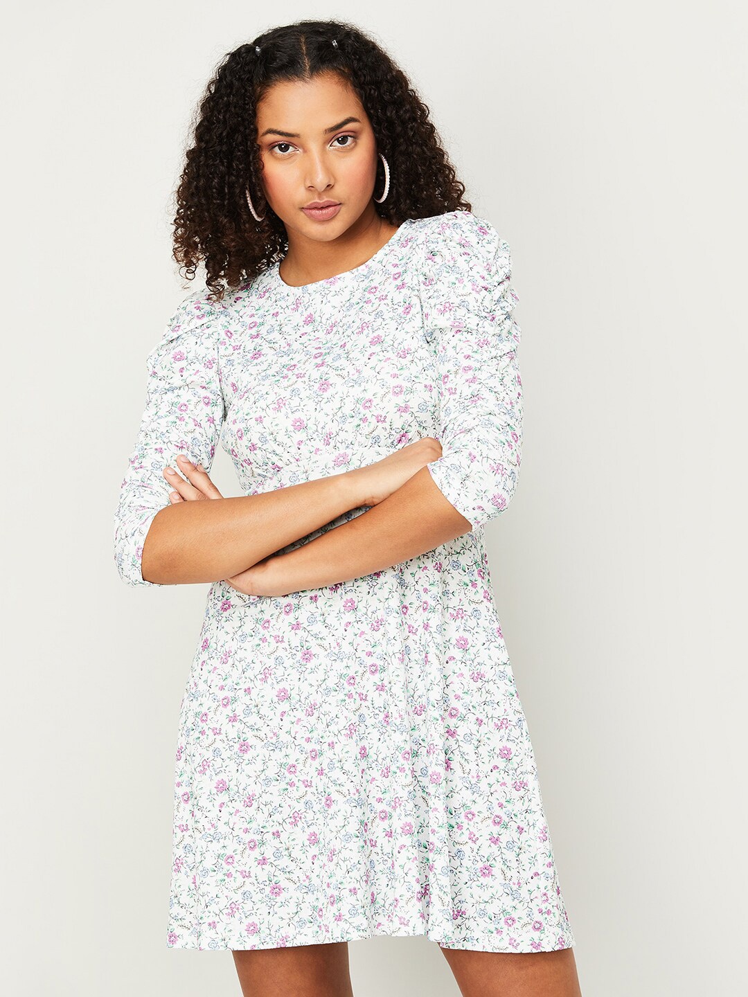 

Ginger by Lifestyle Floral Printed Puff Sleeves Empire Dress, White