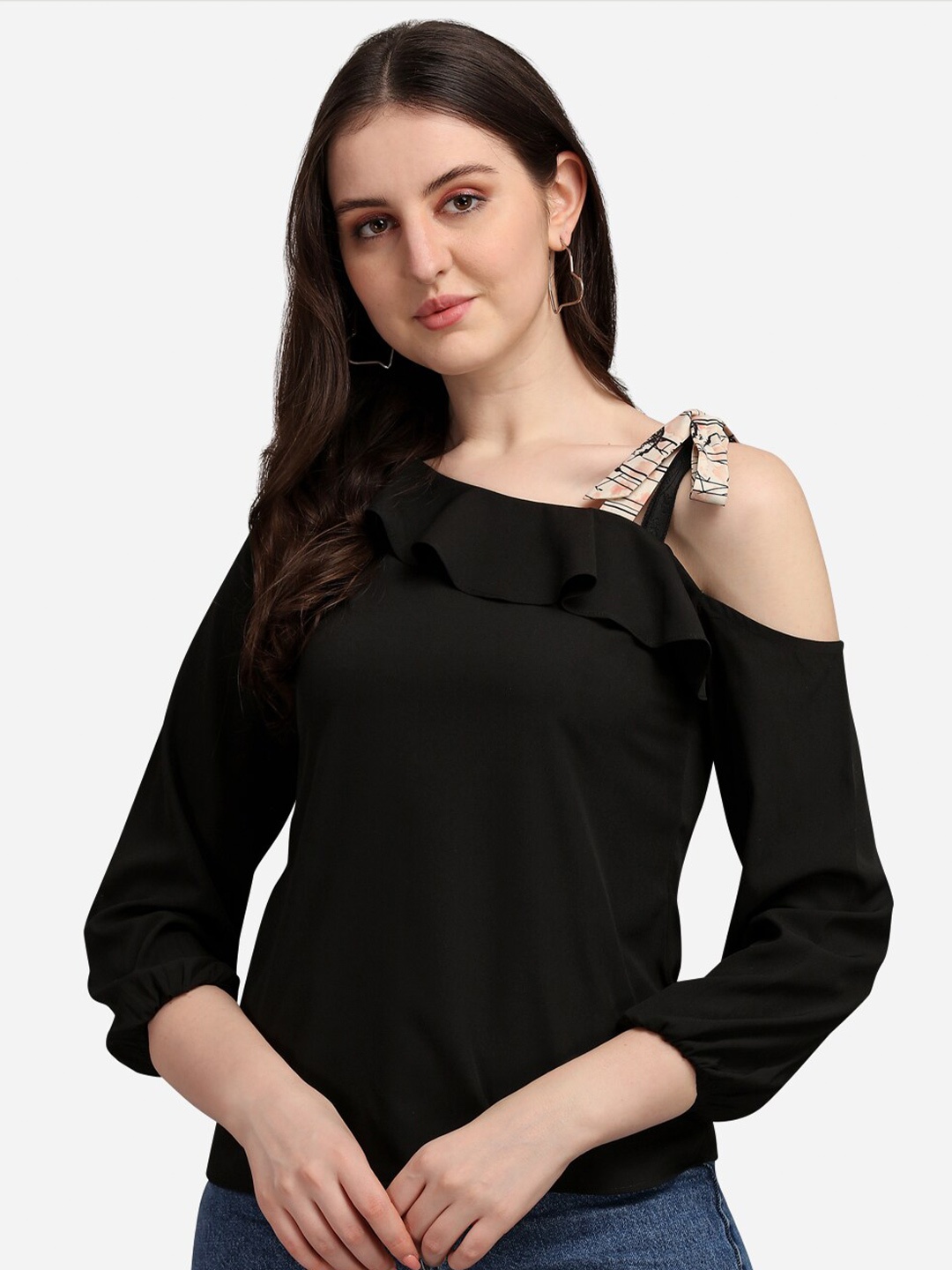 

Selvia Cold-Shoulder Sleeves Ruffles Crepe Top, Black