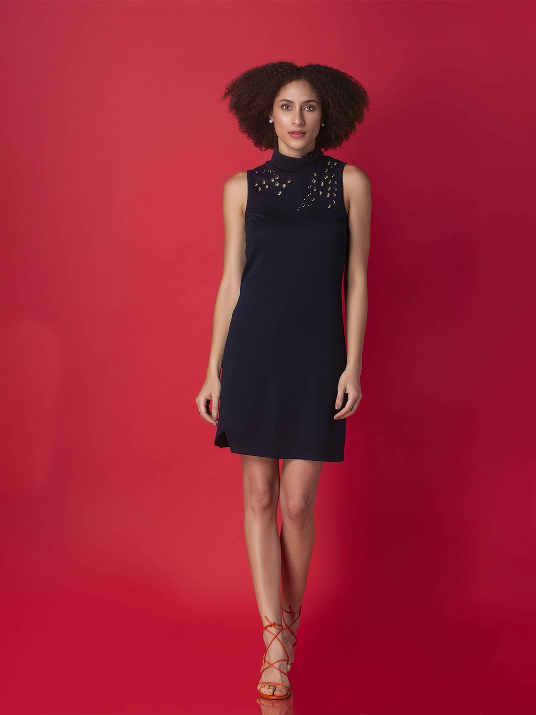 

MKOAL Turtle Neck Sleeveless Sheath Dress, Navy blue