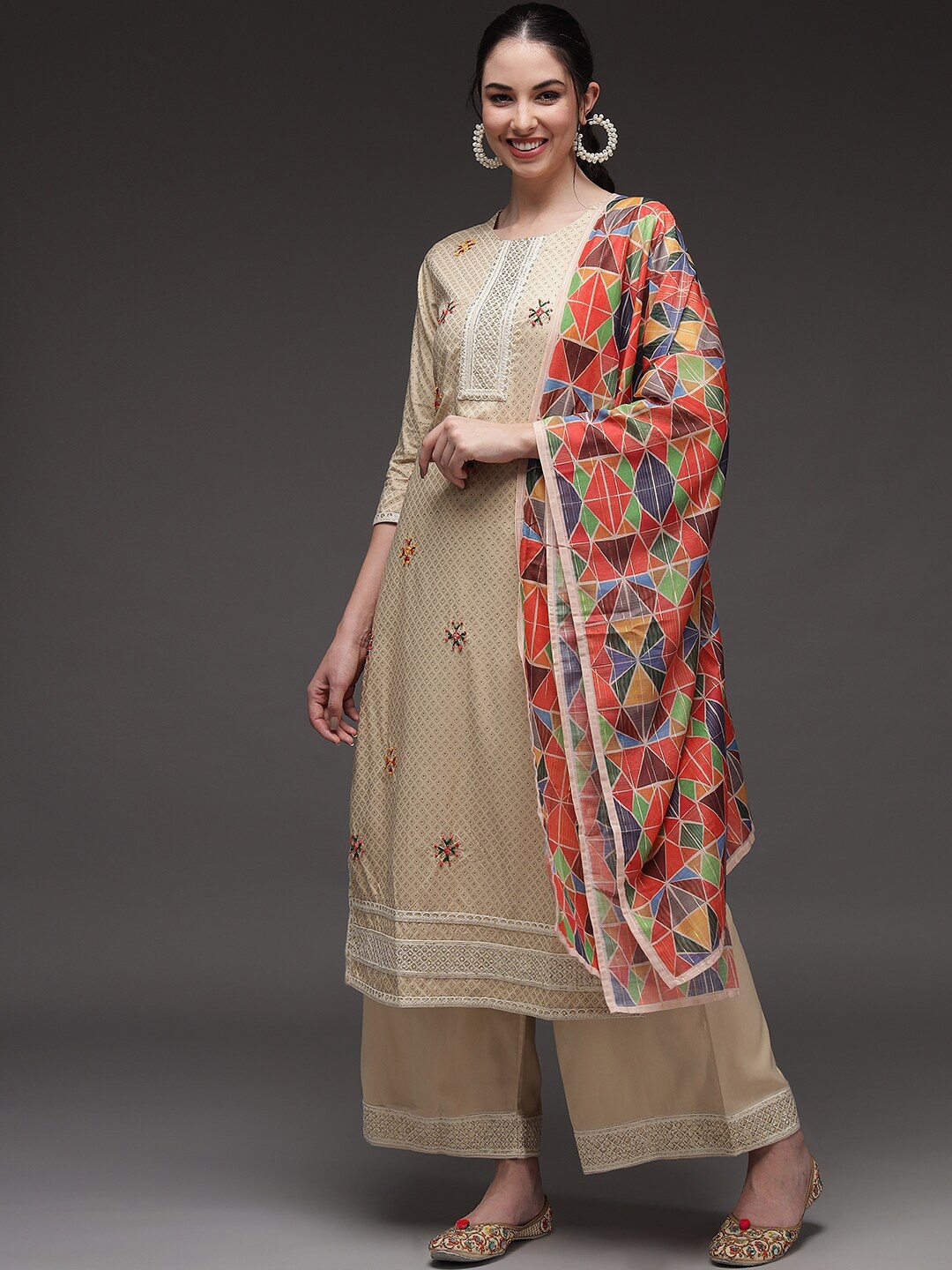 

Spera Ethnic Motifs Printed Aari Work Kurta With Palazzos & Dupatta, Beige