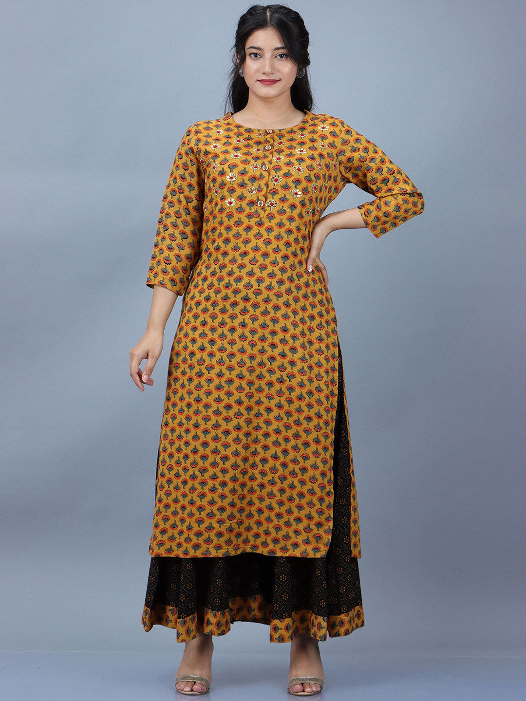 

Spera Floral Printed Thread Work Regular Kurta With Palazzos, Mustard
