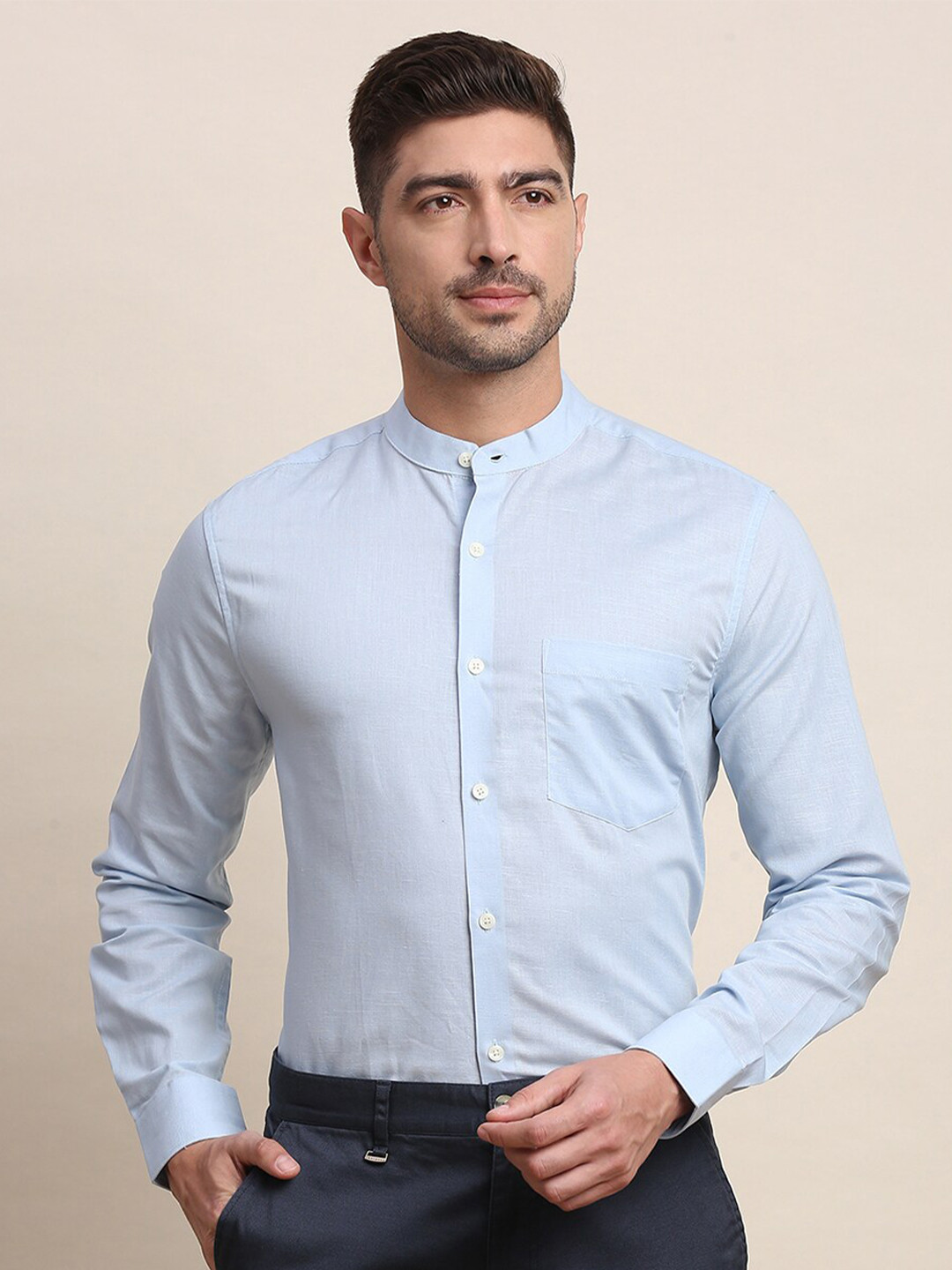 

INVICTUS Mandarin Collar Long Sleeves Original Slim Fit Formal Shirt, Blue