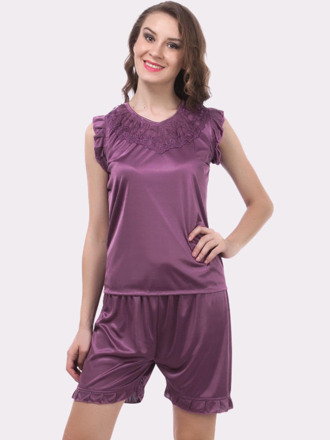 

Fasense V Neck Satin Night Suit, Purple