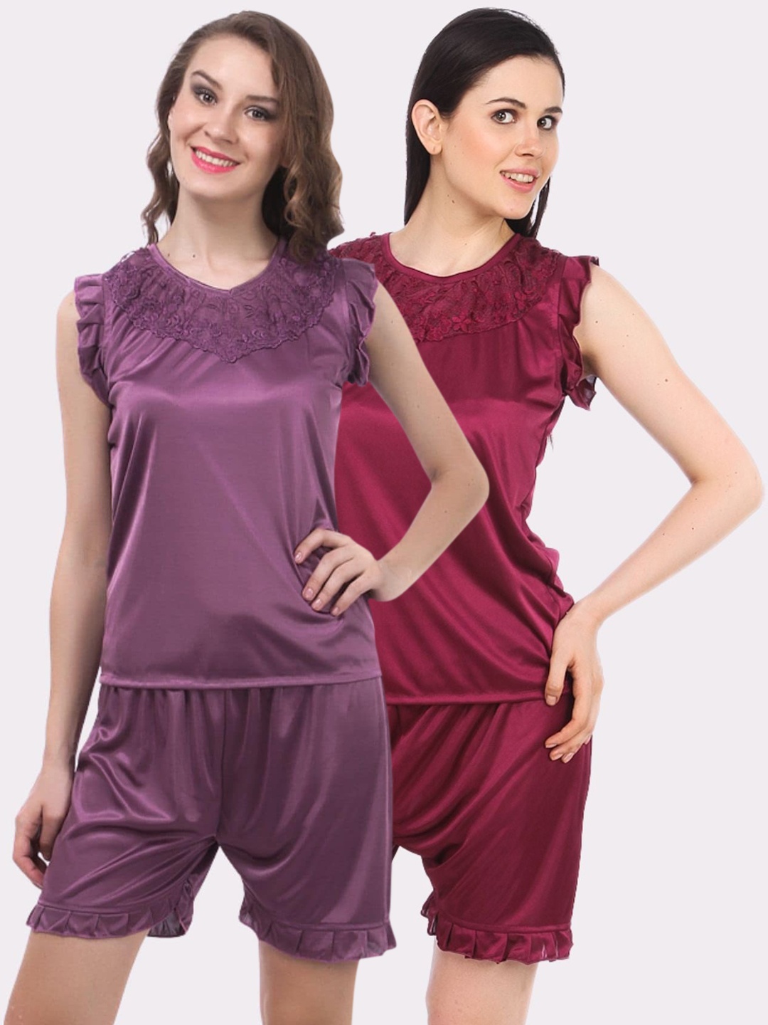 

Fasense Pack Of 2 V Neck Satin Night Suit, Purple