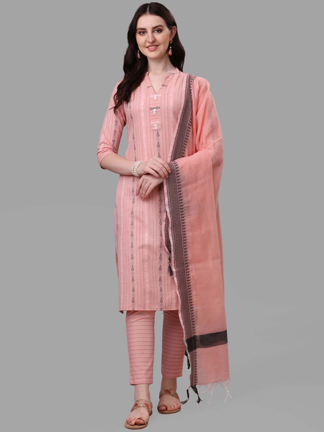 

FAVRIZ Floral Printed Straight Kurta with Trousers & Dupatta, Peach