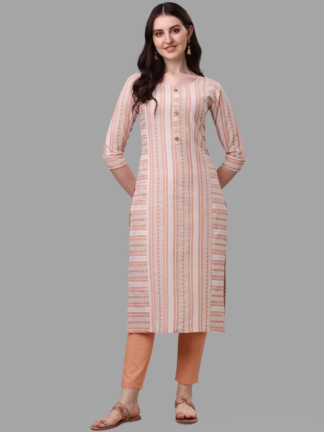 

FAVRIZ Striped Straight Kurta with Trousers, Orange