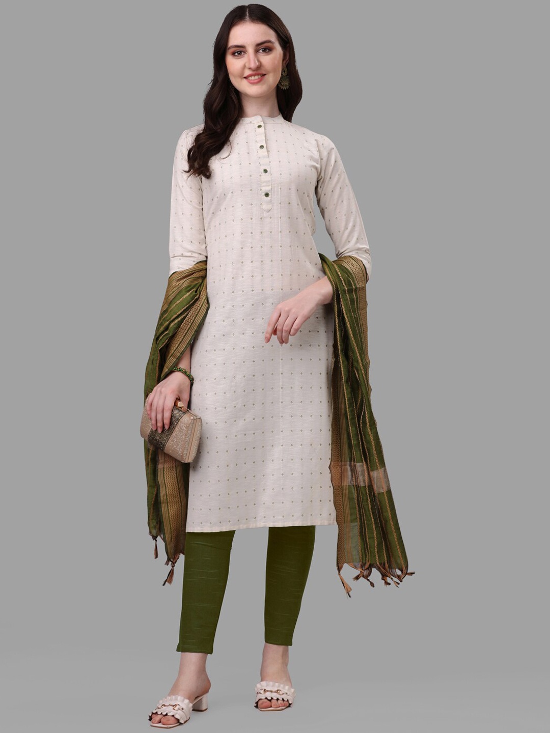 

FAVRIZ Ethnic Motif Woven Design Band Collar Kurta With Trousers & Dupatta, White