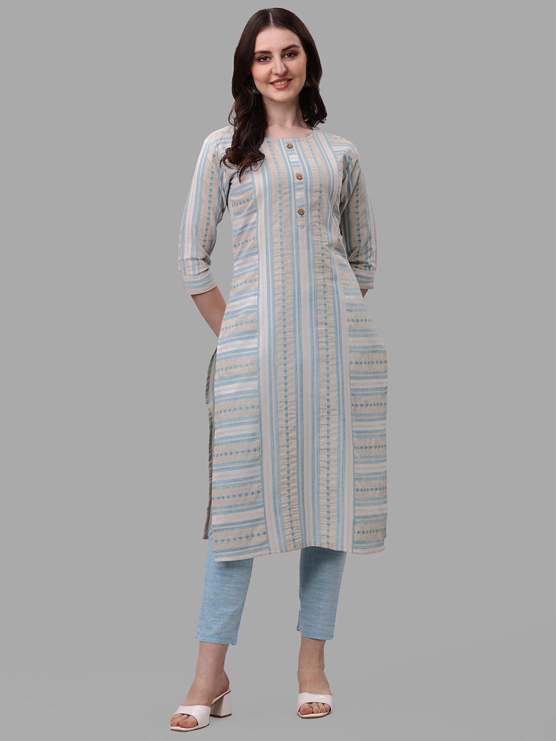 

FAVRIZ Striped Straight Kurta with Trousers, Blue