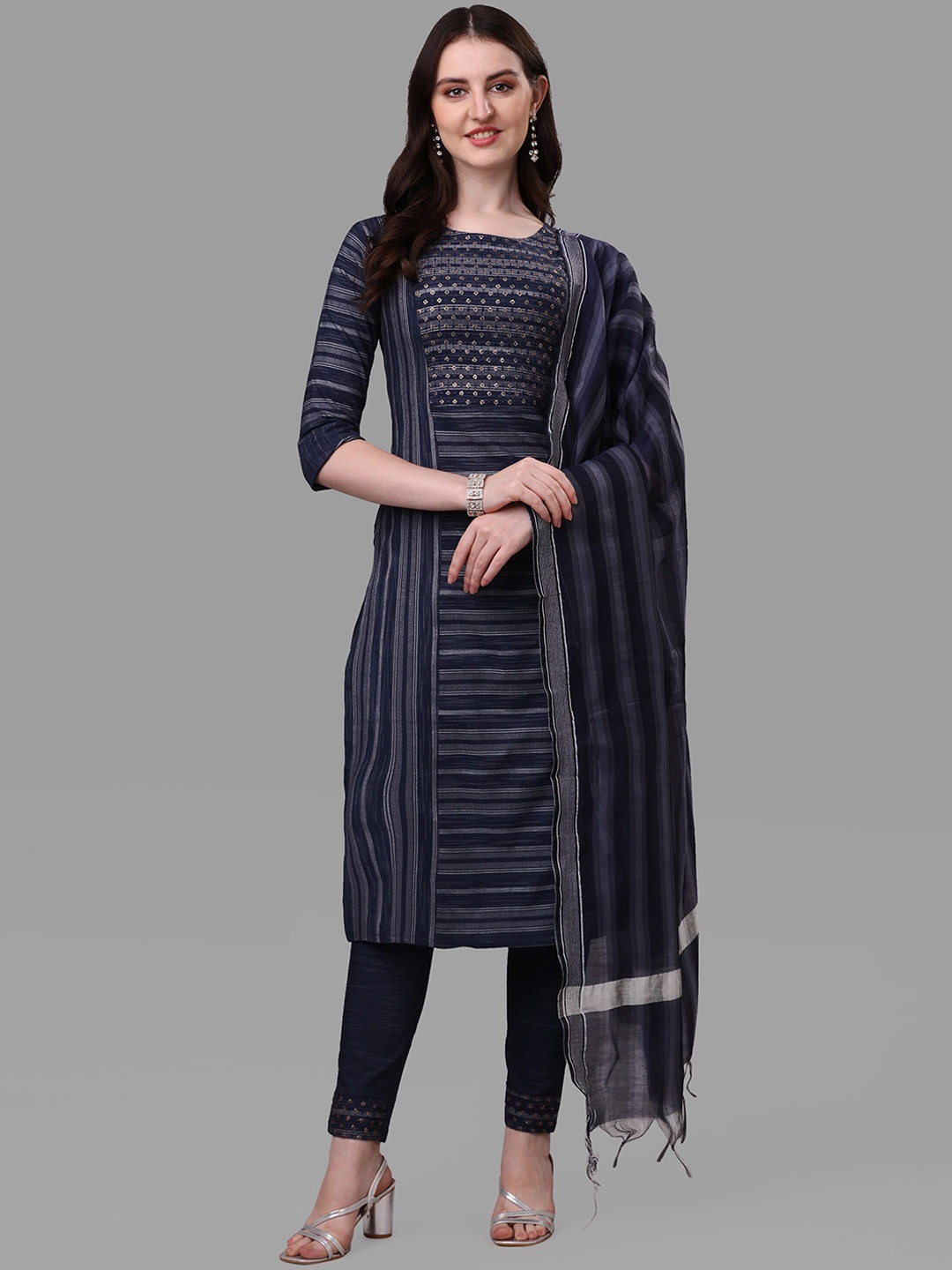 

FAVRIZ Striped Square Neck Kurta With Trousers & Dupatta, Navy blue