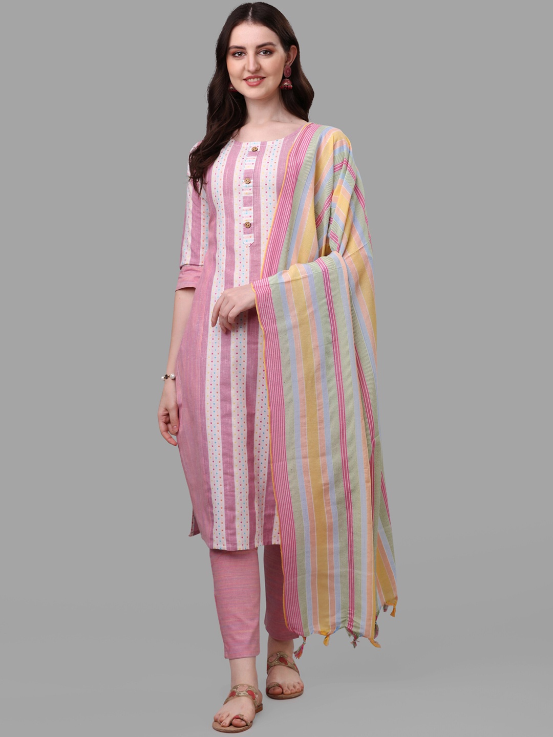 

FAVRIZ Striped Regular Kurta with Trousers & Dupatta, Pink