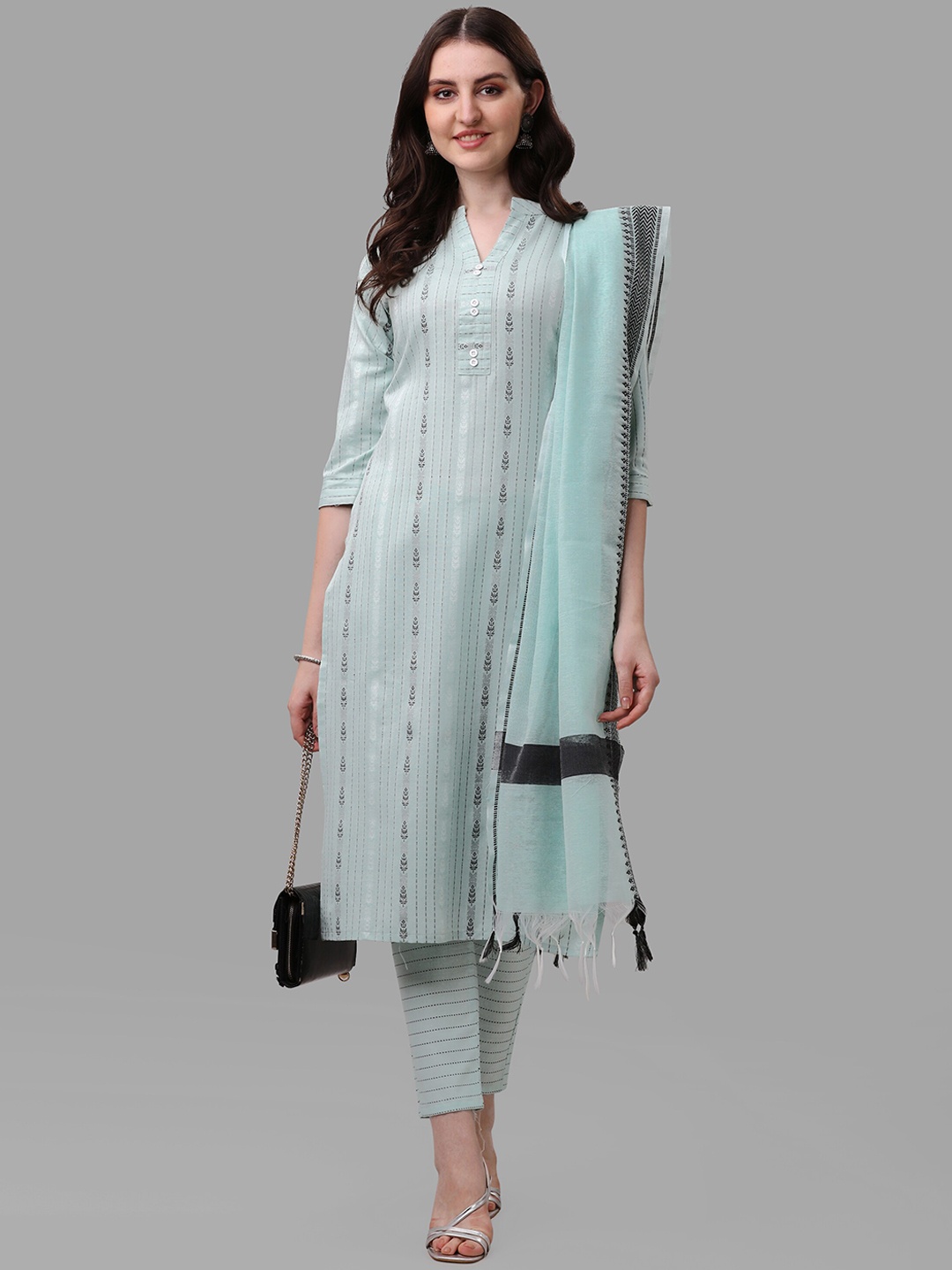 

FAVRIZ Ethnic Motif Woven Design Band Collar Kurta With Trousers & Dupatta, Turquoise blue