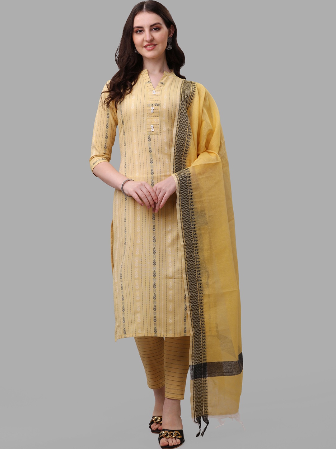 

FAVRIZ Ethnic Motif Woven Design Band Collar Kurta With Trousers & Dupatta, Yellow