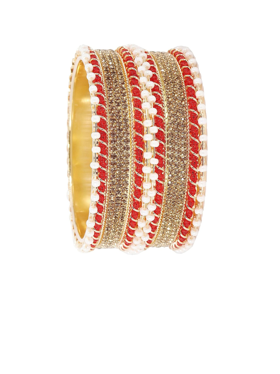 

NMII Set Of 2 Zircon Studded & Beaded Metal Kada Bangles, Red