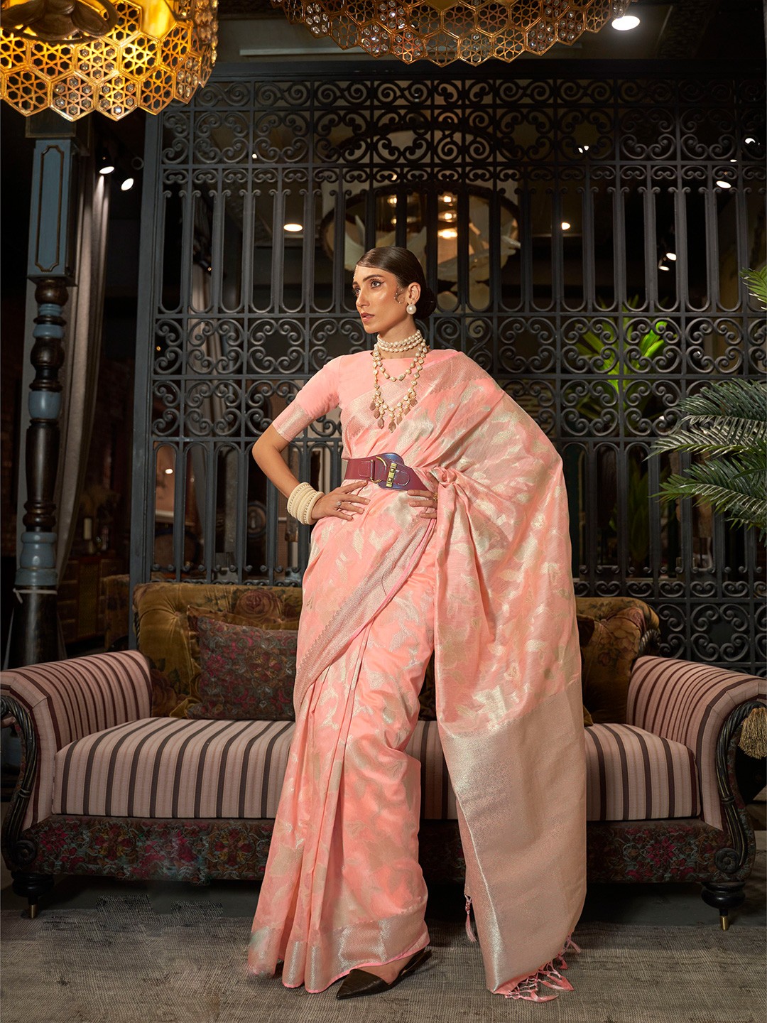 

Mitera Ethnic Motifs Woven Design Zari Silk Blend Saree, Peach
