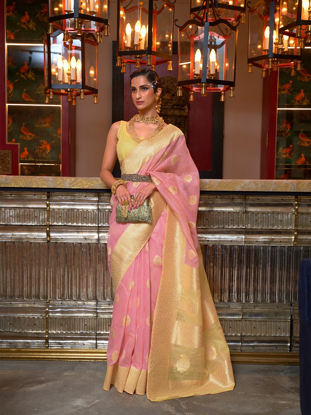 

Mitera Ethnic Motifs Woven Design Zari Linen Blend Saree, Pink