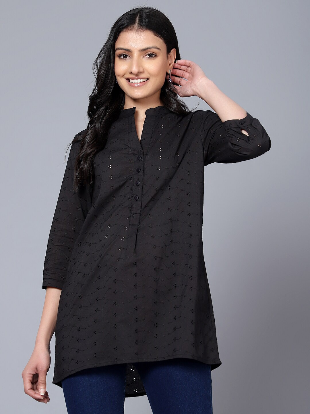 

Bani Women Self Design Cotton Mandarin Collar Tunic, Black