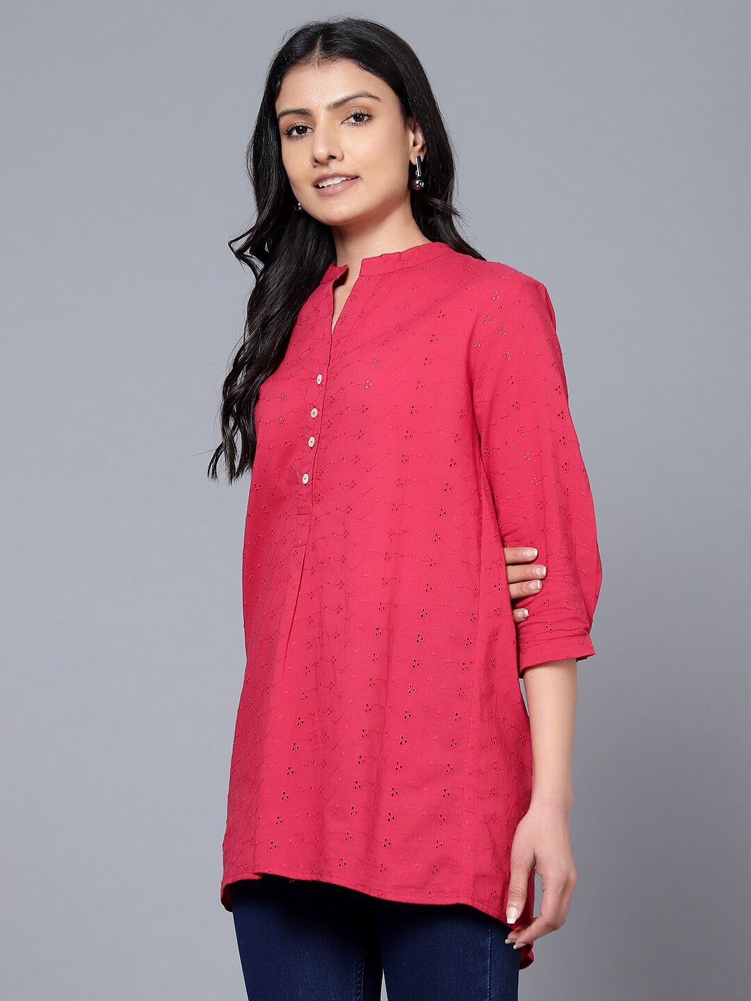 

Bani Women Self Design Mandarin Collar Cotton Tunic, Pink