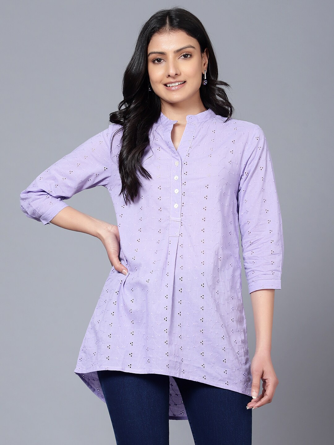 

Bani Women Self Design Cotton Mandarin Collar Tunic, Lavender