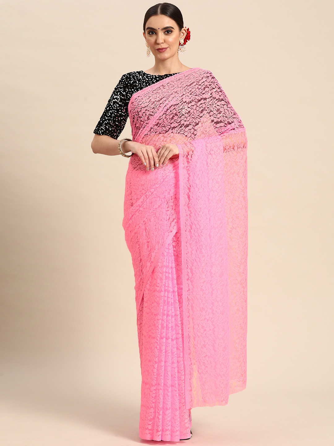 

ORUS Floral Net Saree, Pink